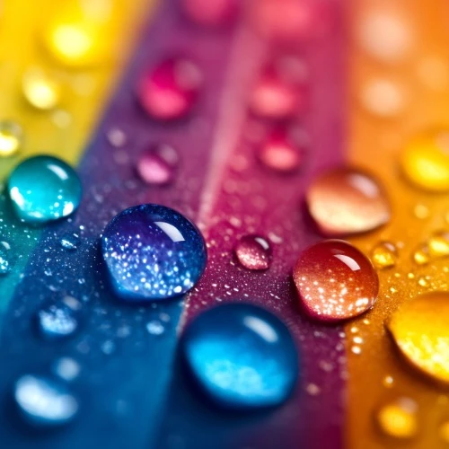 faixas de cores sólidas, representando o espectro do arco íris com gotas de água sobre as faixas.